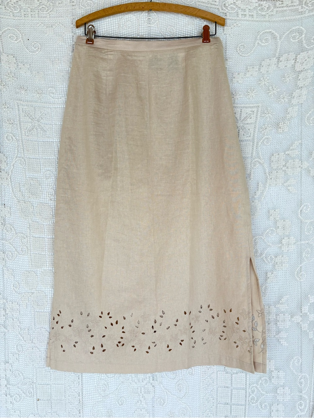 Beige Maxi Skirt with Laser-Cut Hem 14P 55%Linen 45%Rayon